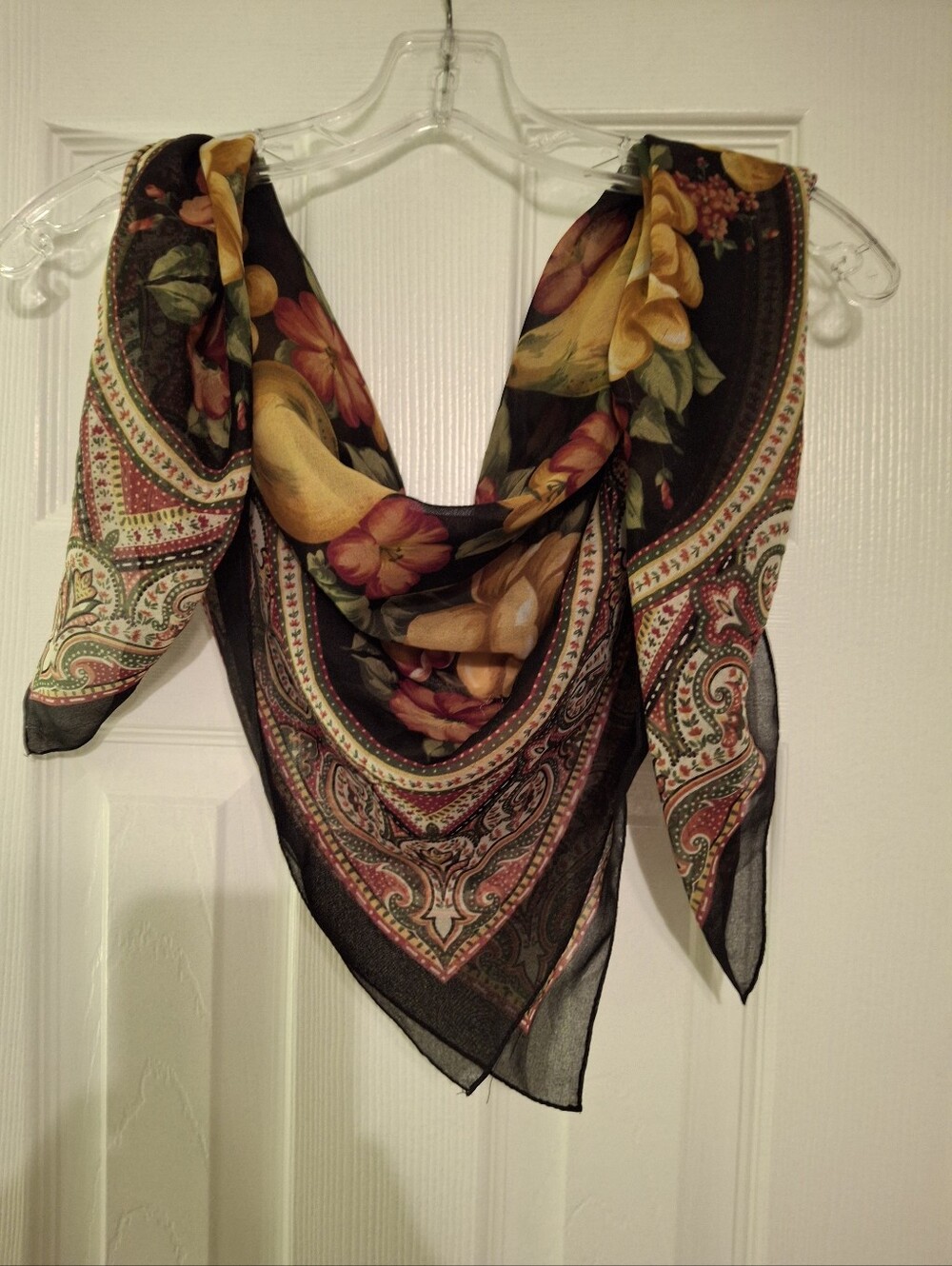 Floral Paisley Black Scarf With Pears And Grapes - Lightweight Sheer